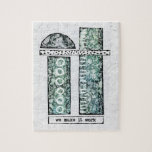 Vi får det att fungera som pussel - modern Abstrak<br><div class="desc">En modern abstrakt design i mynta gröntar,  svart och vitt över en texturerad bakgrund. Det står "Vi får det att fungera".</div>
