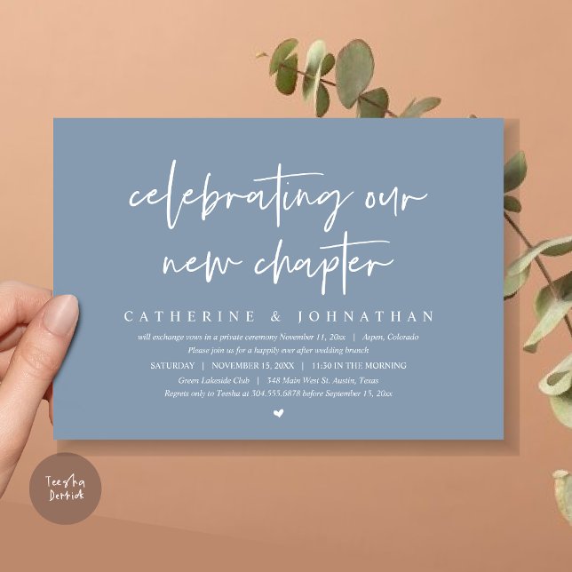 Vi firar vårt nya kapitel, Elopement Brunch Inbjudningar (Celebrating Our New Chapter, Wedding Elopement Brunch Invitation Card, PDF, in Dusty Blue)