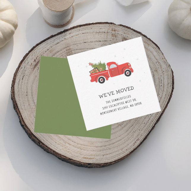 Vi Flyttade Jul Röda Lastbil Flyttningsanmälan Anteckningskort (Christmas Red Truck Family Moving Announcement)