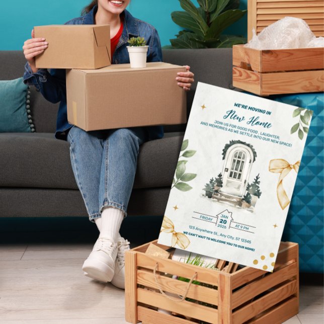 Vi flyttar in! Inflyttningsfest inbjudan ("Celebrate new beginnings! This cheerful 'We're Moving In!' invite is perfect for your housewarming )