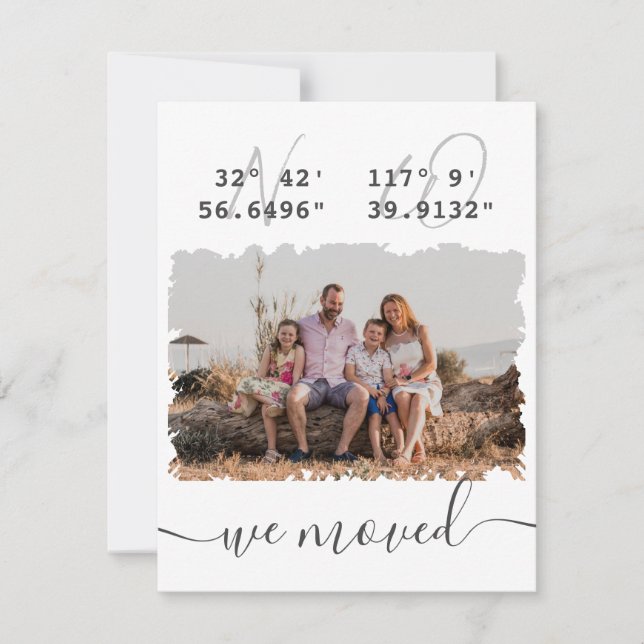 "Vi flyttat" DMS Coordinates Family Photo Flytta Meddelande (Framsida)