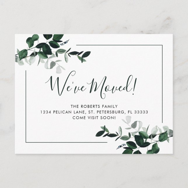 Vi Flyttat Emerald Grönt Eucalyptus Ny adress Anno Meddelande Vykort (Framsida)