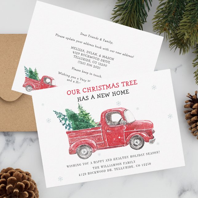 Vi Flyttat Helgdagar Flytta Meddelande om julhälsn (Christmas Holidays Tree Has Moved Red Truck Moving Announcement)
