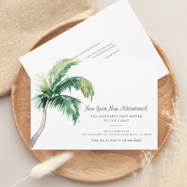 Vi Flyttat kustvattenfärgen Handflatan Träd Flytta Meddelande (Coastal Palm Tree Change of Address Moving Announcement Holiday Card)