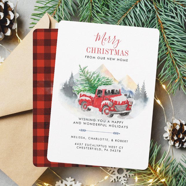 Vi Flyttat meddelandet om Helgdag under jul Anteckningskort (Christmas Red Truck Christmas Tree Plaid Moving Announcement)