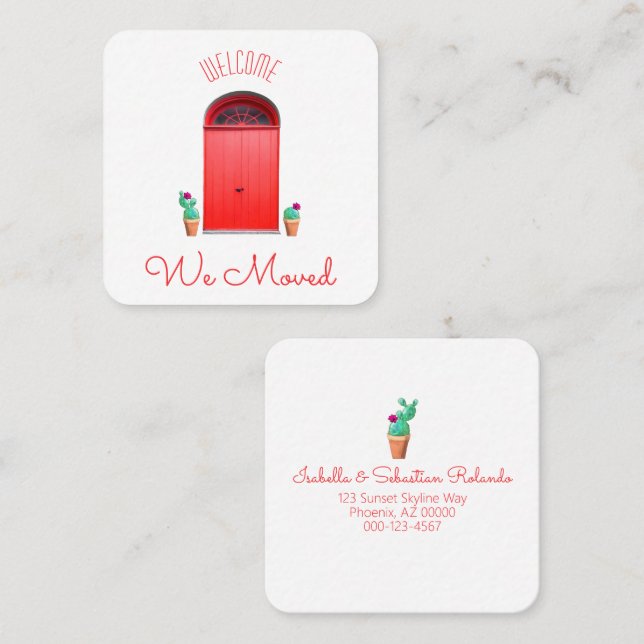 Vi Flyttat Red Doors Southwest Poted Cactus Fyrkantigt Visitkort (Fram/baksida)
