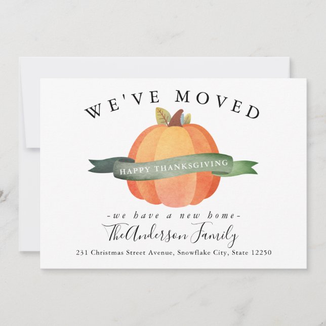 Vi Flyttat Thanksgiving Pumpkin Helgdag Flytta Meddelande (Framsida)