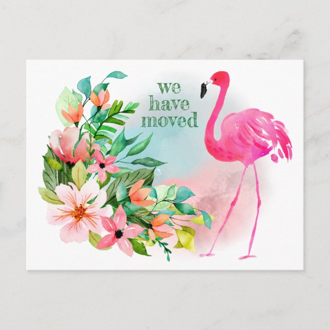 Vi Flyttat till Florida Rosa Flamingo Blommigt New Meddelande Vykort (Framsida)