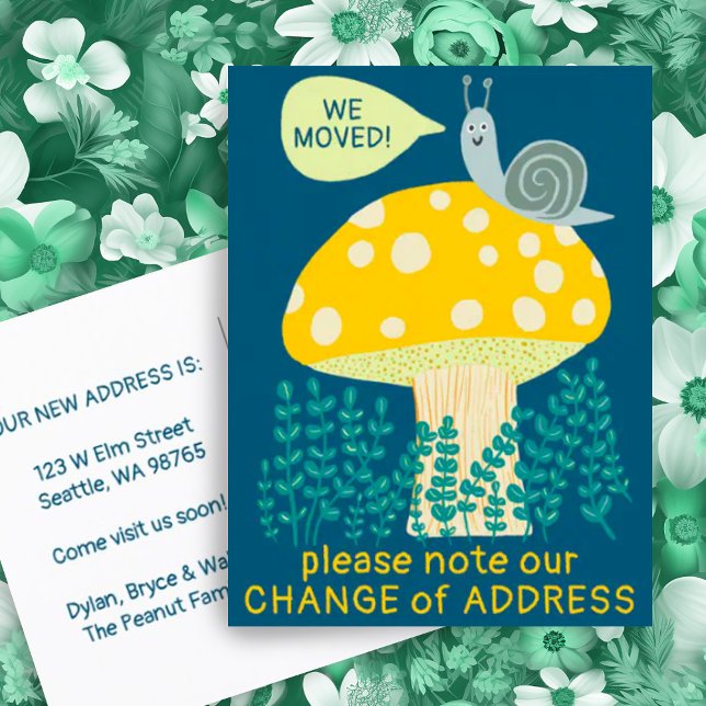 VI FLYTTAT Whimsique Snigel Magic Mushroom NEW HOM Vykort (Moving announcement address change new home postcard with cute funny snail and mushroom. Customize!)