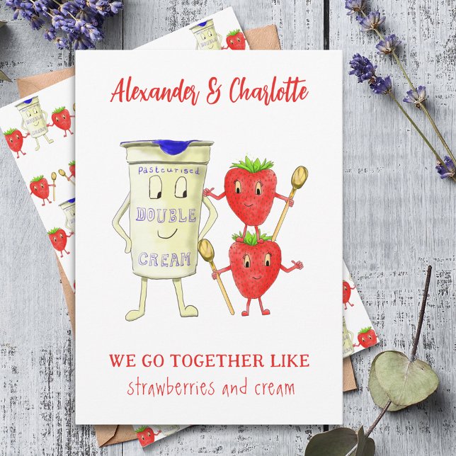 Vi går tillsammans som jordgubbar och Cream Quote Julkort (We go together like Strawberries & cream cute cartoon couple quote personalized Valentine’s Day card)