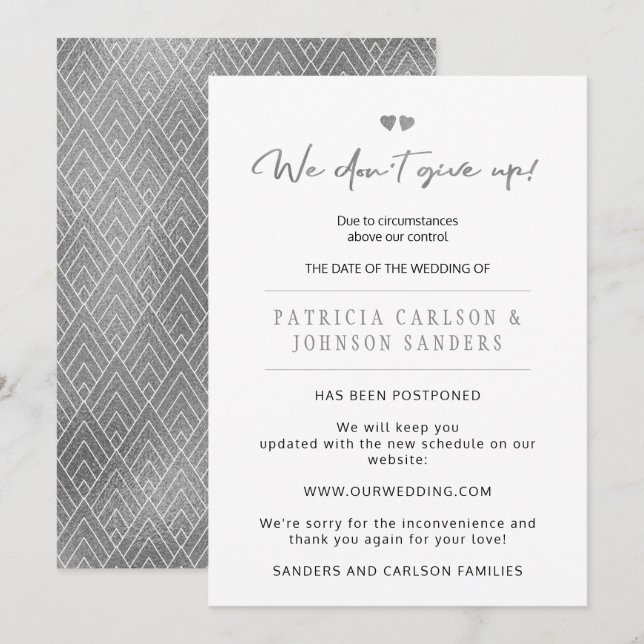 Vi ger inte upp uppskjuten bröllopsannons inbjudningar (Fram/baksida)