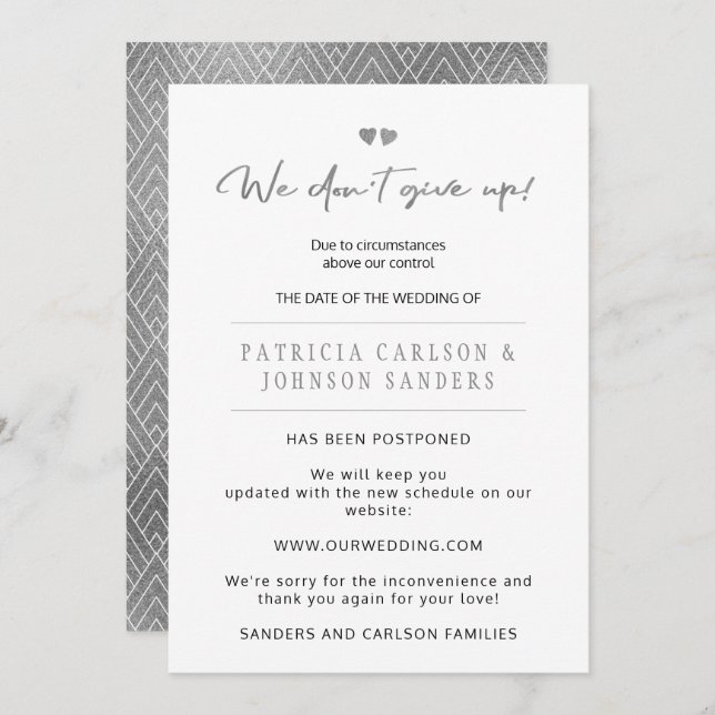 Vi ger inte upp uppskjuten bröllopsannonsering inbjudningar (Fram/baksida)