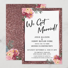 Vi Gifta Oss! Roséguld Glitter och Blommor Inbjudningar