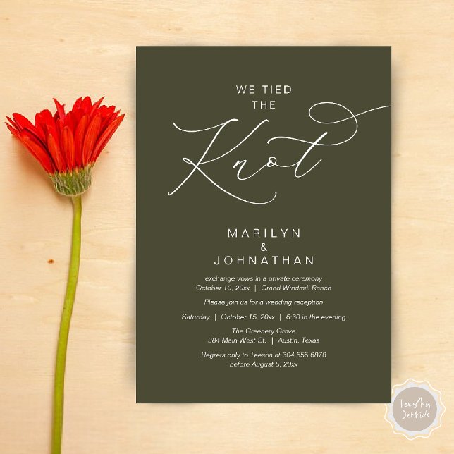 Vi gifte oss, Elopement Mottagning Middag Inbjudningar (We tied the knot, Romantic Wedding Elopement Reception Dinner Invitation Card in Olive Green)