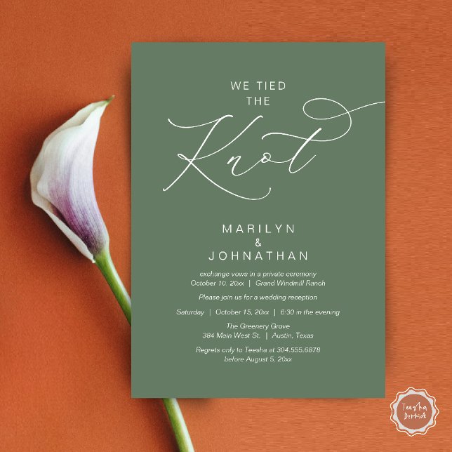 Vi gifte oss, Elopement Mottagning Middag Inbjudningar (We tied the knot, Romantic Wedding Elopement Reception Dinner Invitation Card in Sage Green)