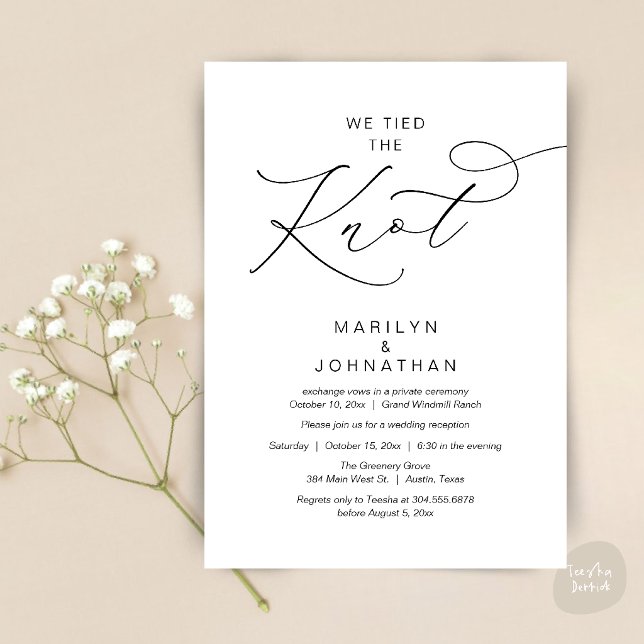 Vi gifte oss, Elopement Mottagning Middag Inbjudningar (We tied the knot, Romantic Wedding Elopement Reception Dinner Invitation Card in Black and White)