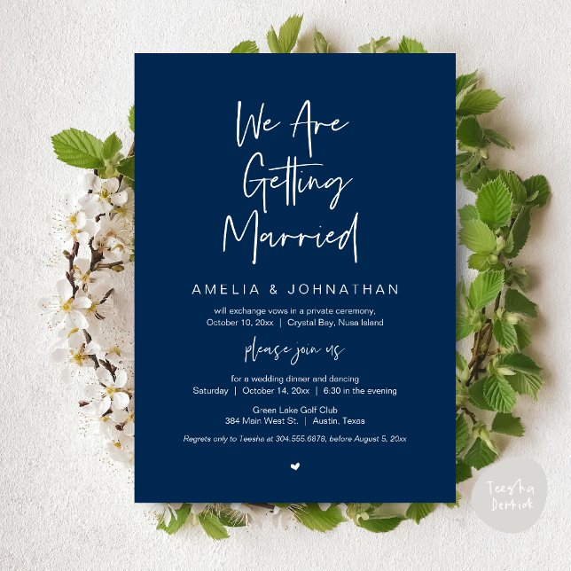 Vi gifter oss, Elopement Middag Dans Inbjudningar (We are getting married, Elopement Dinner Dancing Lunch Brunch Invitation Card, PDF, Navy Blue)