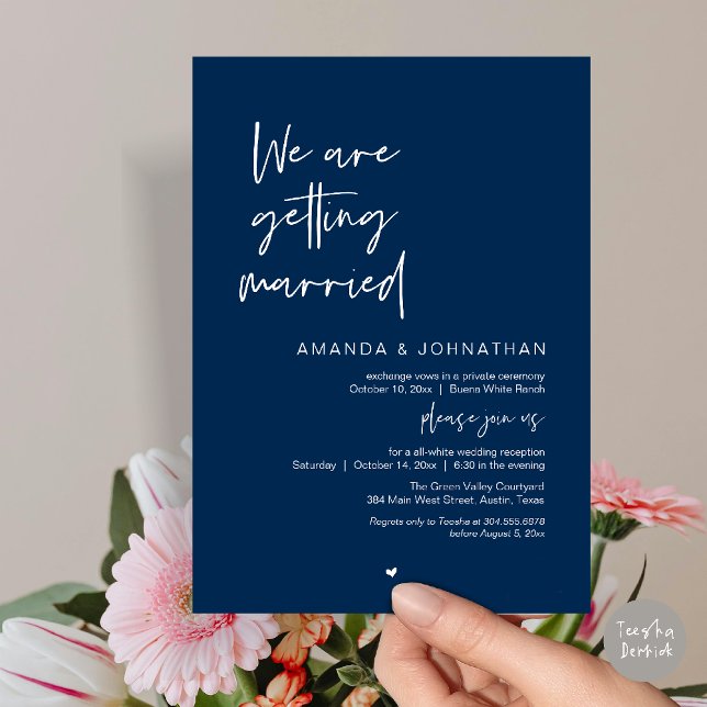 Vi gifter oss, Modern Bröllopsfirande Inbjudningar (Modern Minimal Reception, We are getting married Invitation Card in Navy Blue)
