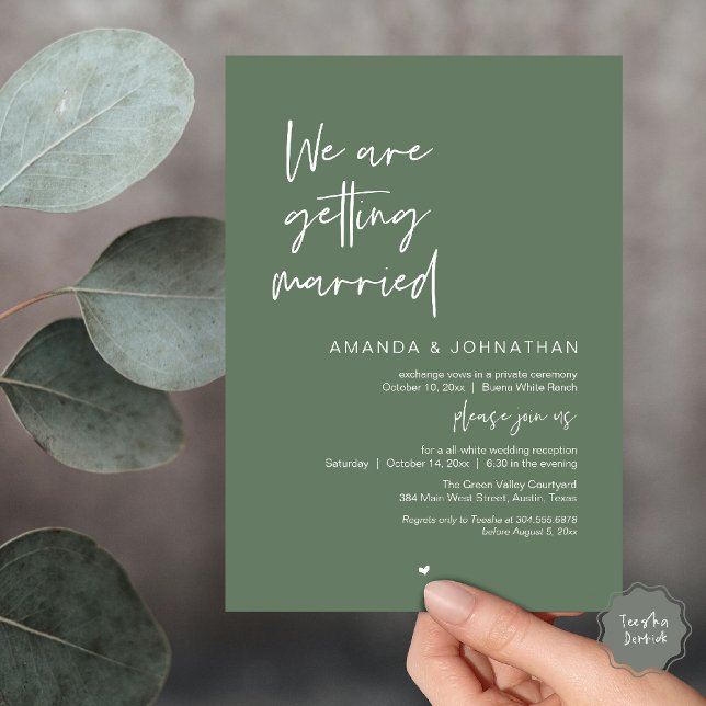 Vi gifter oss, Modern Bröllopsfirande Inbjudningar (Modern Minimal Reception, We are getting married Invitation Card in Sage Green)
