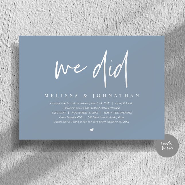 Vi Gjorde, Bröllopsfest för Hemligt Bröllop, Moder Inbjudningar (We Did, Wedding Elopement Dinner Invitation Card, PDF, Modern Minimalist, in Dusty Blue)