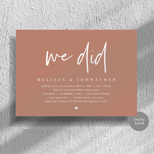 Vi Gjorde, Bröllopsflyktfest, Modern Minimalist Inbjudningar (We Did, Wedding Elopement Dinner Invitation Card, PDF, Modern Minimalist, in Earthy Terracotta Brown)