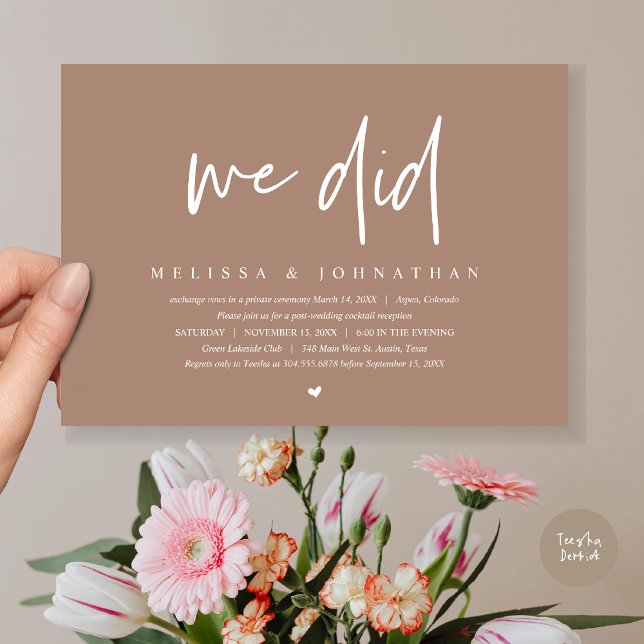 Vi Gjorde, Bröllopsflyktfest, Modern Minimalist Inbjudningar (We Did, Wedding Elopement Dinner Invitation Card, PDF, Modern Minimalist, in Taupe Brown)