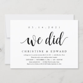 Vi gjorde det, Modern Post Wedding Elopement Inbjudningar