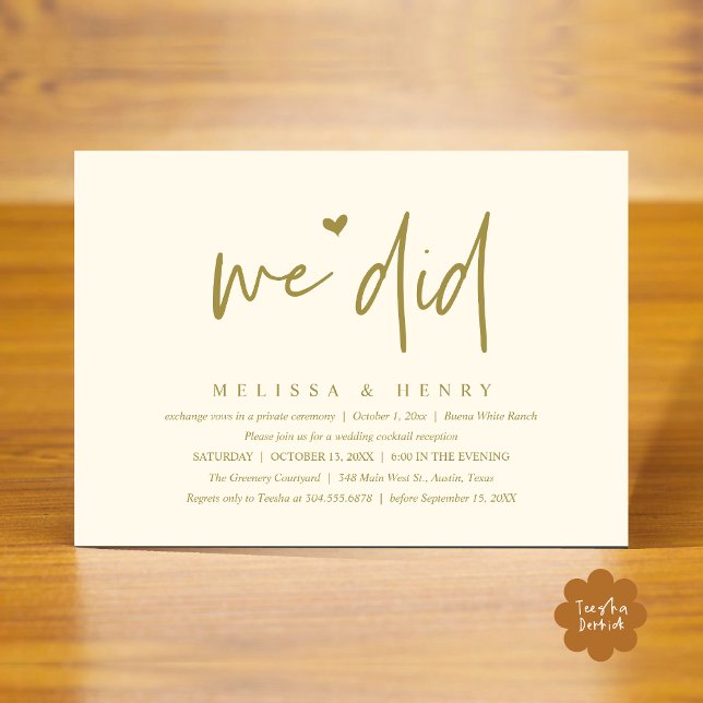 Vi gjorde en modern Bröllop-middag för att ta emot Inbjudningar (We Did Modern Wedding Elopement Reception Dinner Party Invitation Card PDF Yellow Gold)