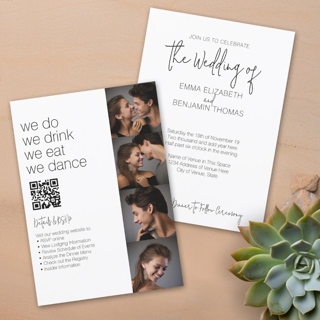 Vi gör allt i en maskin - QR - 4 foton - Bröllop Inbjudningar (We Do, We Drink, We Eat, We Dance - Fun casual wedding invitation with photos and qr code)