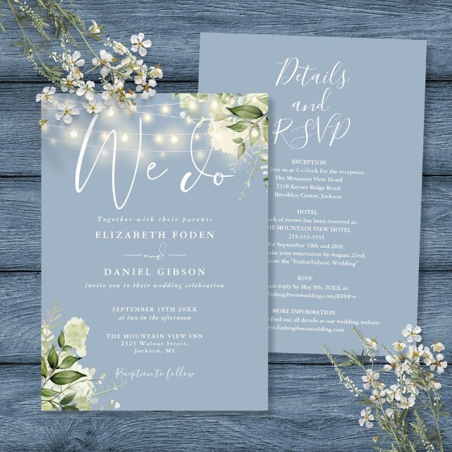 Vi gör Blommigt Ljus Dusty Blue Bröllop Inbjudningar (All In One We Do Floral Lights Dusty Blue Wedding Invitation)