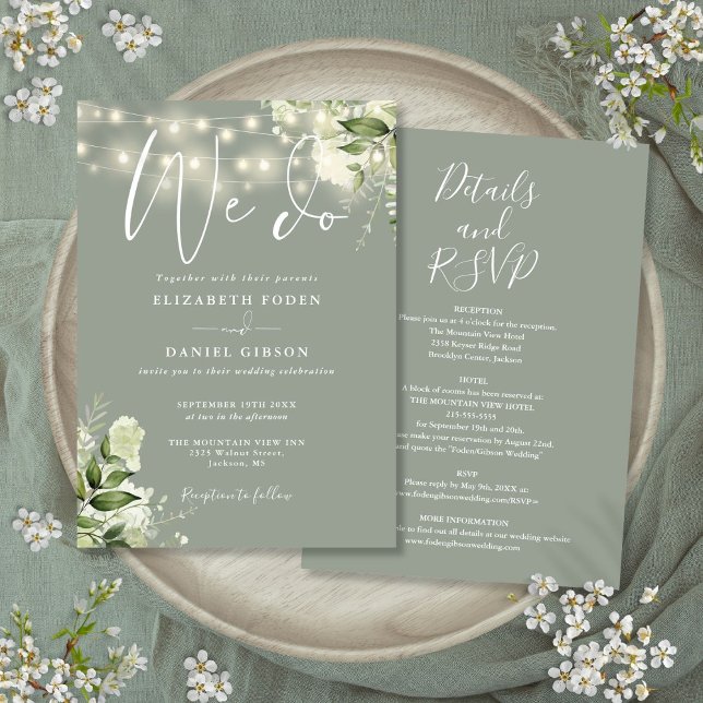 Vi gör Blommigt Ljus Sage Grönt Bröllop Inbjudningar (All In One We Do Floral Lights Sage Green Wedding Invitation)