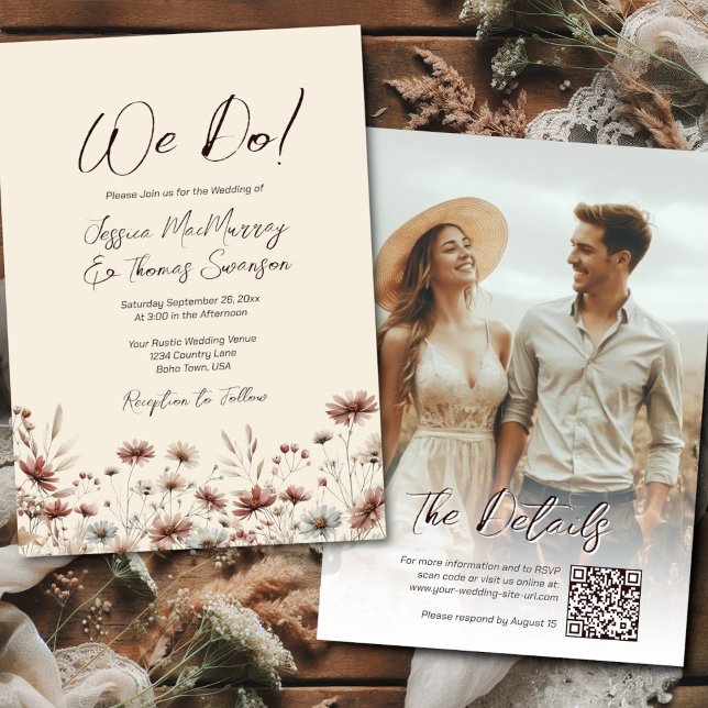Vi Gör Det! Rustik Boho Vildblommor Foto & QR Bröl Inbjudningar (Front/Back)