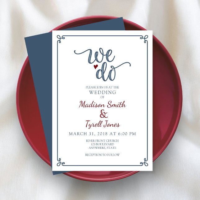 "Vi gör" Dusty Blue & Red Bröllop Inbjudningar (Shown on a 5" x 7" invitation
)