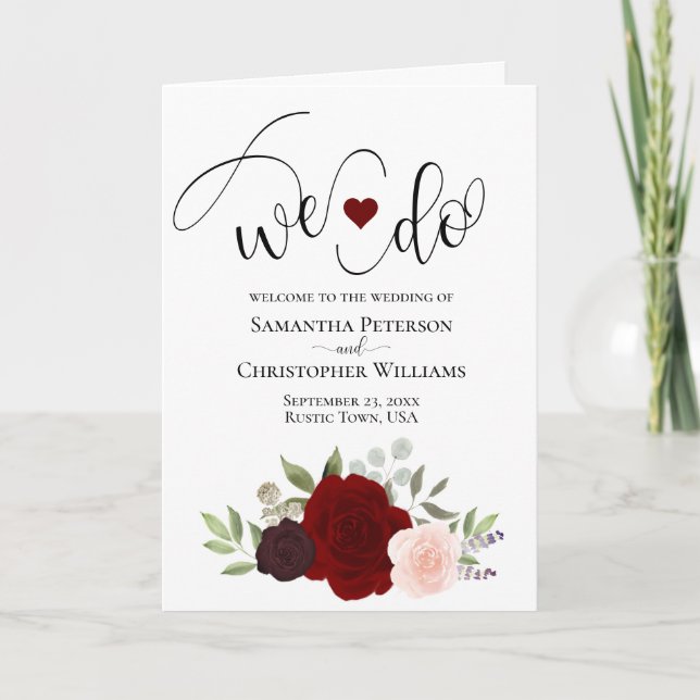 Vi gör Elegant Burgundy  Boho Ro Bröllop Program (Framsida)