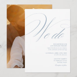 Vi Gör Elegant Script Dammtor Blå Foto Bröllop Inbjudningar