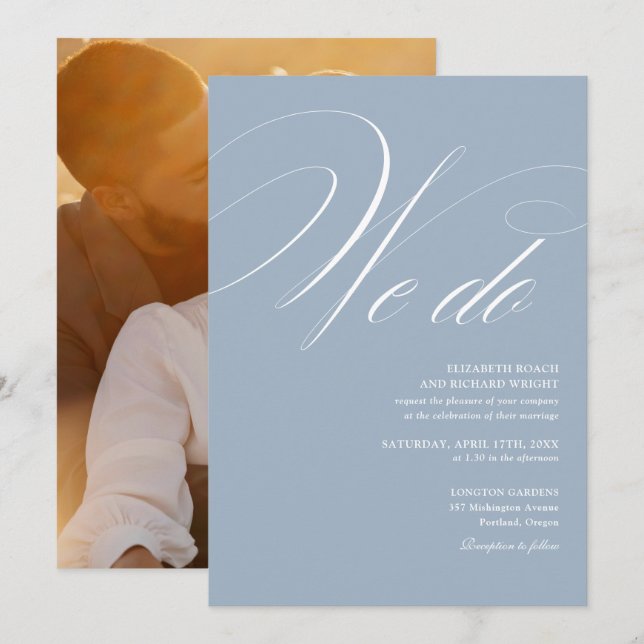 Vi Gör Elegant Script Foto Dammblå Bröllop Inbjudningar (Fram/baksida)