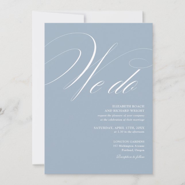Vi Gör Elegant Script QR-kod Dammtor Blue Bröllop Inbjudningar (Framsida)