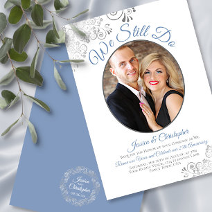 Vi gör fortfarande Dusty Blue & White Bröllop Vow  Inbjudningar