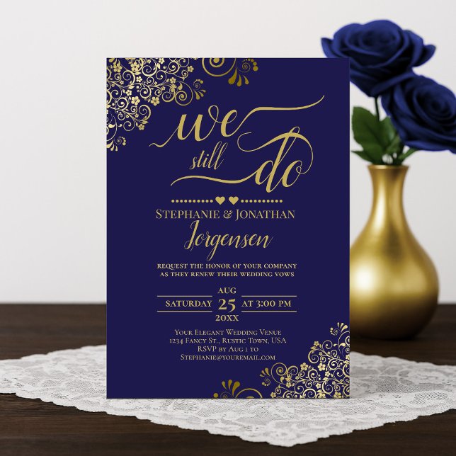 Vi gör fortfarande Elegant Blue & Guld Vow Renewal Inbjudningar (Skapare uppladdad)