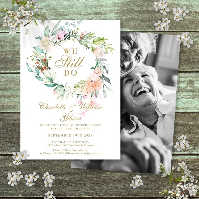 Vi gör fortfarande förnyelse av löftet blomsterkra inbjudningar (We Still Do Vow Renewal Floral Garland Photo Invitation)