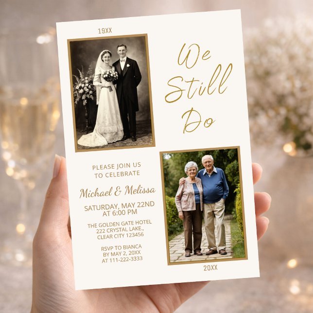 Vi gör fortfarande foto tidslinje elegant inbjudningar (Elegant then and now 50th anniversary invitation with timeless photo story)