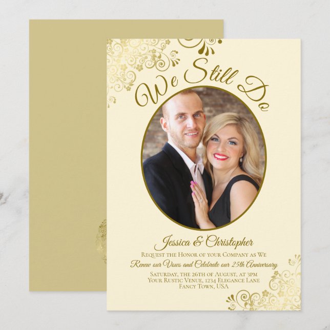 Vi gör fortfarande Guld & Cream Bröllop Vow Renewa Inbjudningar (Fram/baksida)