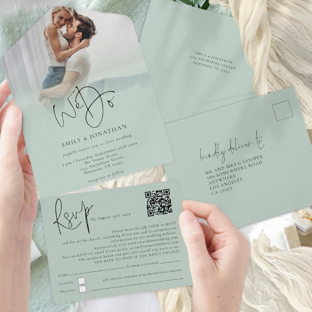 Vi gör fotoöverlägg med QR-kod Sage Script Bröllop (All in One Invite with optional your recipients' name and address. No envelope required.)