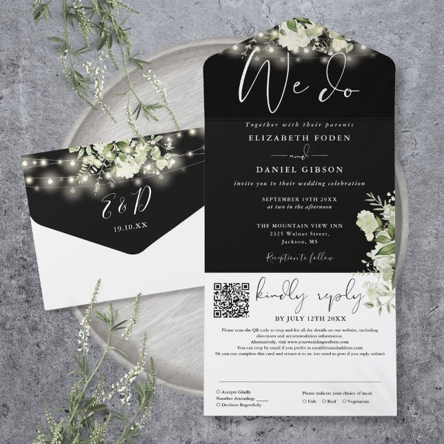 Vi Gör Grönska Strängljus QR-kod Bröllop (We Do Greenery String Lights QR Code Wedding All In One Invitation)