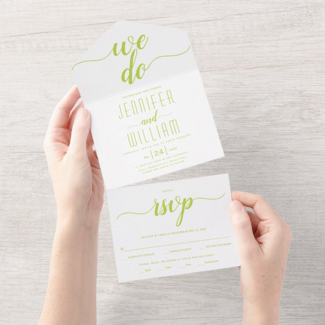 "Vi gör" lime green script typography bröllop (Avrivbar del)