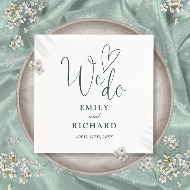 Vi Gör Manus Kärlek Hjärtan Smaragdgrön Bröllop Pappersservett (We Do Script Love Heart Emerald Green Wedding Napkins)
