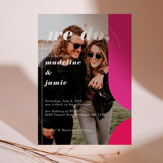 Vi gör Modern Magenta Retro Abstrakt Photo till Ro Inbjudningar (We Do Modern Pink Magenta Retro Abstract Photo Invitation)
