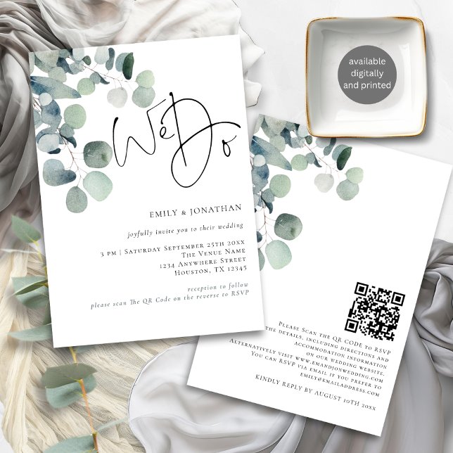 Vi gör moderna eukalyptus QR-koden Bröllop Inbjudningar (Front and back view)