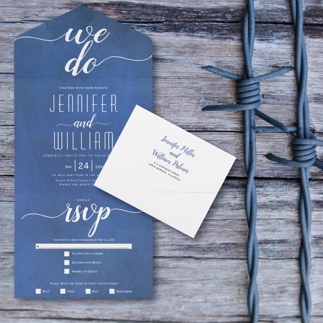"Vi gör" nedfläckad blue script calligraphy bröllo (Skapare uppladdad)