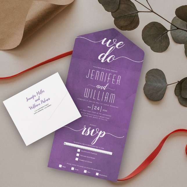 "Vi gör" nedfläckad lila calligraphy bröllop (Skapare uppladdad)
